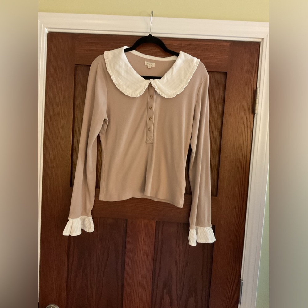 Anthropologie Pilcro Taupe Ribbed Long Sleeve Top Peter Pan Collar Size L